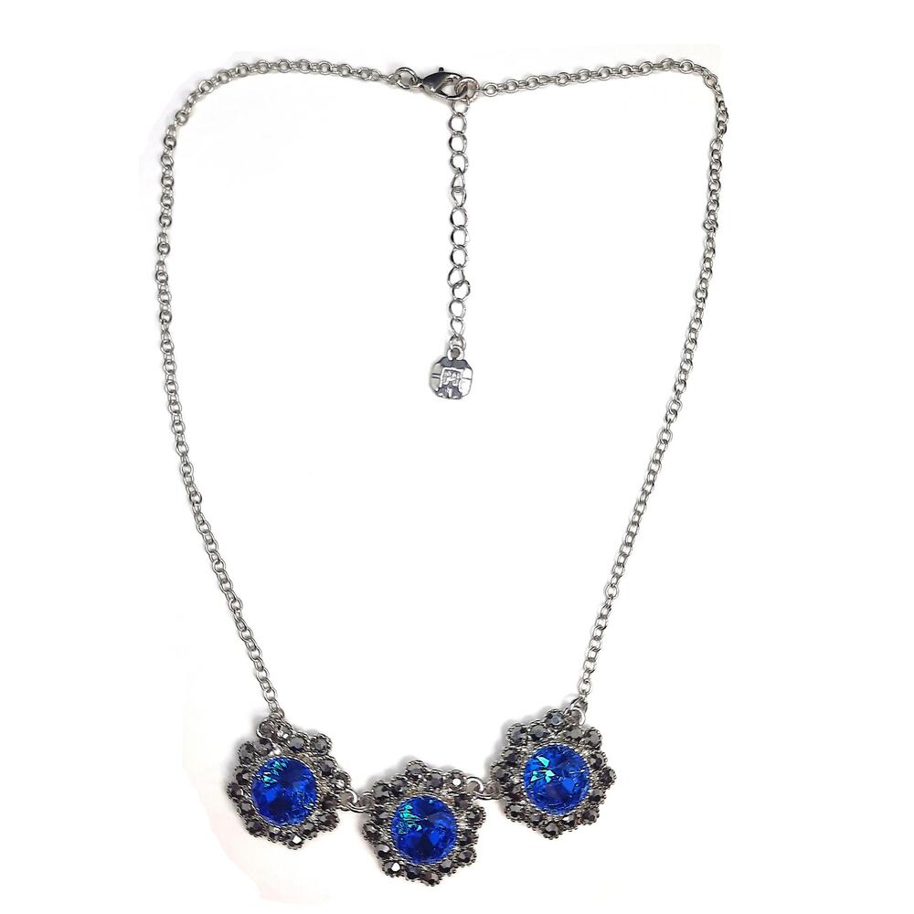 Vintage Monet Blue Rhinestone Necklace Floral Trio Station Chain Silver Tone